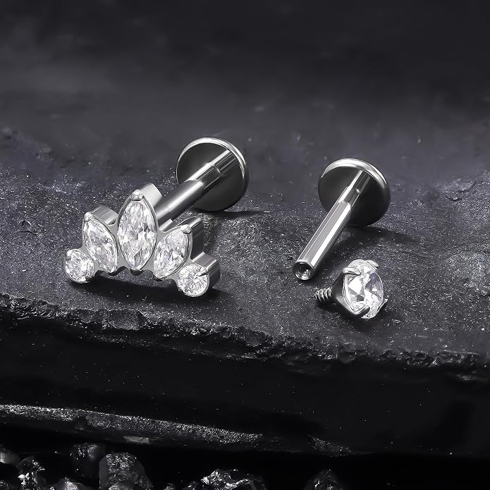 Ruifan Titanium Flat Back Lip Rings Internally Threaded Earrings Studs Nose Rings 16G Opal CZ Tragus Cartilage Lobe Rook Helix Conch Labret Medusa Piercing Jewelry for Women Men W Piercing Taper Set