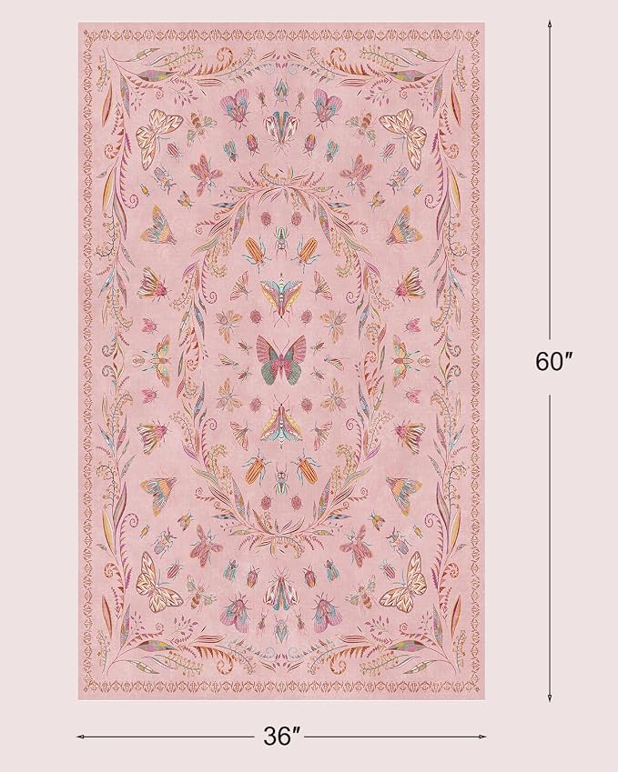 Lunasun 3x5 Washable Non-Slip Bathroom Rug, Colorful Insect Rug for Kids Room - Ultra Soft Low Pile Cottagecore Butterfly & Beetle Pattern for Nature-Inspired Home Décor