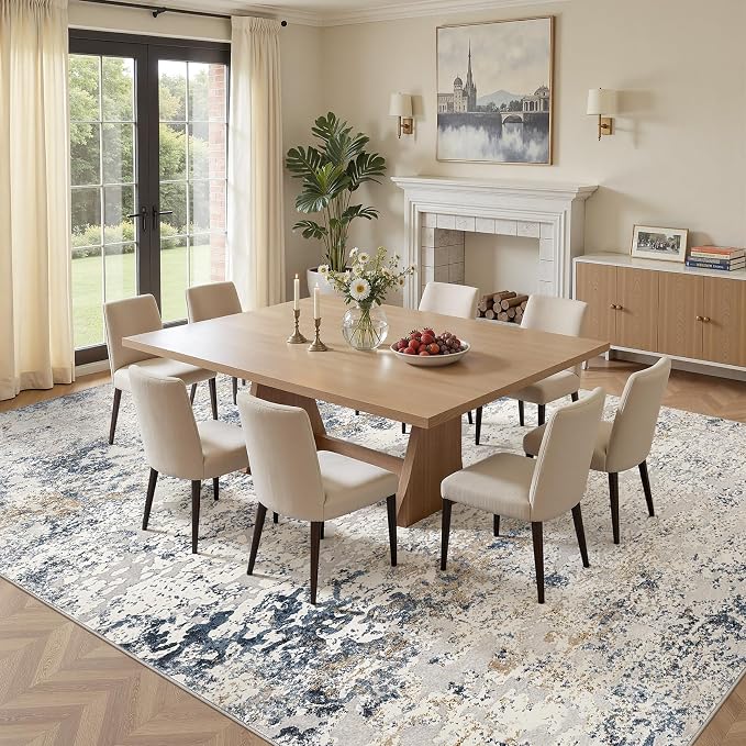 DMOYEST Area Rug Living Room Rugs - 12x15 Washable Extra Large Soft Indoor Neutral Modern Abstract Low Pile Rug Carpet for Bedroom Dining Room Farmhouse Home Office - Beige Blue