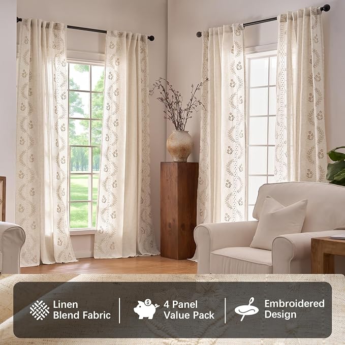 jinchan Floral Linen Curtains 84 Inch Farmhouse Back Tab 4 Panels Ivory | Embroidered curtains,boho curtains,living room,bedroom,light filtering,privacy,flower patterned drapes,window treatment