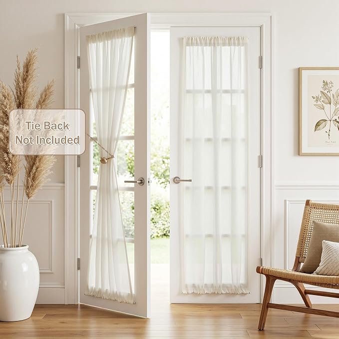 MYSKY HOME Natural French Door Curtains for Door Window 72 Inch Length Semi Sheer Light Filtering Curtain for Bedroom Window Glass Rod Pocket for Kitchen Dining Room, Beige White, 26" Wide,2 Panels