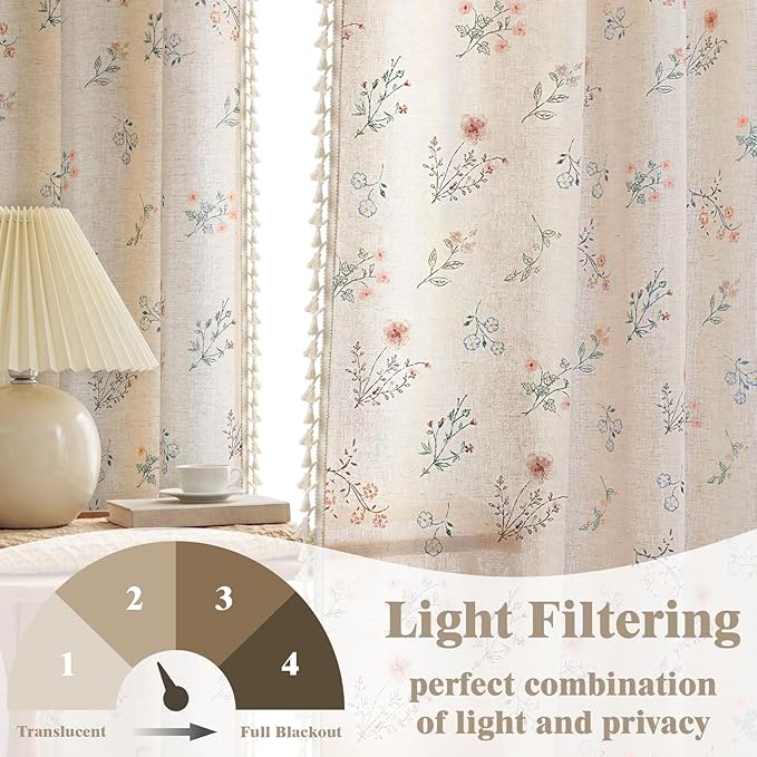 Boho Floral Spring Light Filtering Curtains 96 Inch Length 2 Panels Set, Farmhouse Semi Sheer Bedroom Living Room Vintage