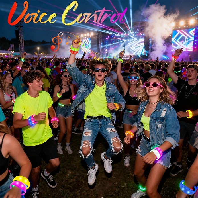 100 Pcs Sound Activated LED Glow Bracelets Light Up Bracelets for Adults Glow in the Dark Neon Birthday Party Favors