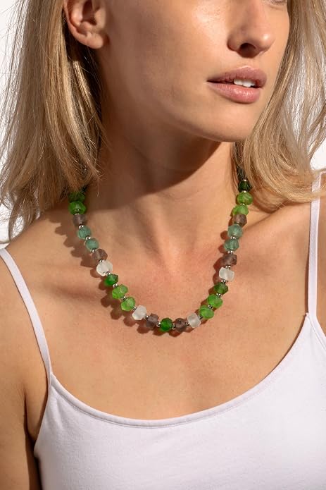 Chunky Frosted Sea Glass Beaded Necklace for Women - Handmade Recycled Glass, 18K Gold Plated or Silver Toned Stainless Steel, Adjustable 16-18 inch Boho Statement Necklace