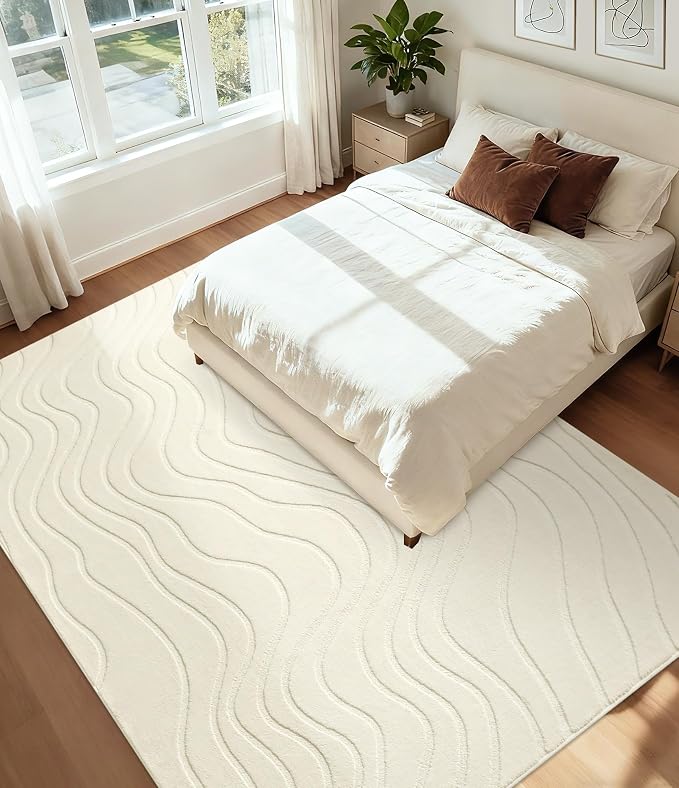 YIHOUSE 8x10 Abstract Wave Striped Area Rug, Modern Washable High-Low Pile Rug, Soft Textured Carpet for Living Room, Bedroom,Dining Room, Beige Ivory White