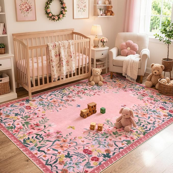 Wonnitar 5x7 Washable Area Rug, Pink Floral Rug for Living Room, Cute Boho Rug for Girls Bedroom, Non Slip Soft Nursery Carpet, Farmhouse Kids Room Decor (5x7 Pink)