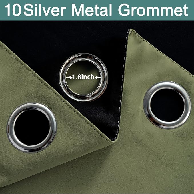 Yakamok 100% Blackout Curtains, Noise Reduction and Privacy Curtains for Living Room, Grommet Top Room Darkening Blackout Drapes for Bedroom(62Wx84L, Sage, 2 Panels)