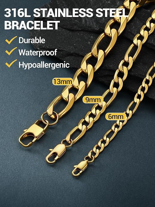 PROSTEEL Silver/Gold/Black Bracelets for Men Figaro Cuban Link, 6mm-13mm Width, 7.5"/8.3"/9" Length, Stainless Steel Mens Bracelet Jewelry with Gift Box