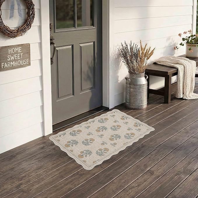 ORTIGIA Scalloped Easy Jute 2x3 Area Rug Vintage Yellow Floral Farmhouse Washable Rug Non-Slip Indoor Outdoor Carpet for Living Room Bedroom Kitchen Patio Entryway