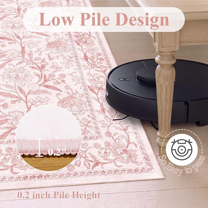 DUKINO 4x6 Area Rug, Washable Vintage Floral Rug for Living Room Light Pink | Non Slip, Low Pile, Stain Resistant Boho Lightweight Soft Indoor Carpet for Bedroom Office Dining Room Entryway Farmhouse