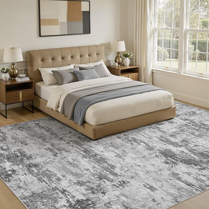 10x12 Large Area Rugs for Living Room, Washable Soft High-Low Pile | Neutral Modern Abstract Carpet, Non Slip Lightweight Made for Dining Room, Nursery, Home Office Indoor Decor - Dark Gray
