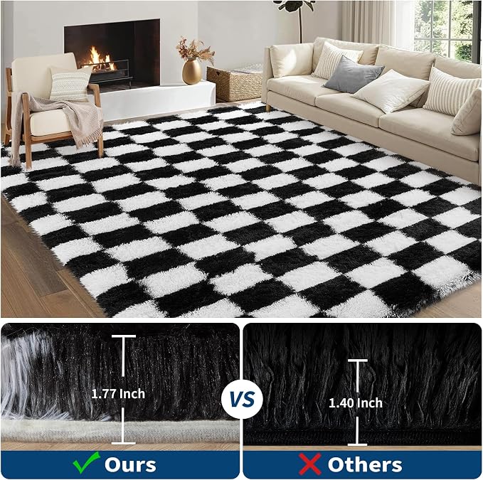 Garvee Checkered Rug 4x6 Super Soft Shaggy Rugs Fluffy Carpets Fluffy Fuzzy Rug for Living Room Bedroom,Checkered Fluffy Rugs for Girls Kids Room, Shag Plush Carpet for Teen Room Decor, Black-White