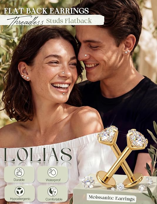LOLIAS 4 Pairs Moissanite Flat Back Earrings Hypoallergenic-Threadless Push in Nose Rings Studs for Women Men 14K Gold Plated Surgical Steel Cartilage Helix Tragus Labret Piercing Jewelry Kit Taper Ball Grabber Tool 20G 18G 16G