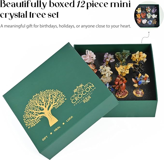Crocon® Set of 12 Crystals Mini Stone Tree of Life Birthday Gifts for Women, Home & Office Decor, Money Tree Healing Crystals Gift Set Mom & Father Gift Ideas Housewarming Gifts New Home Sister & Dad