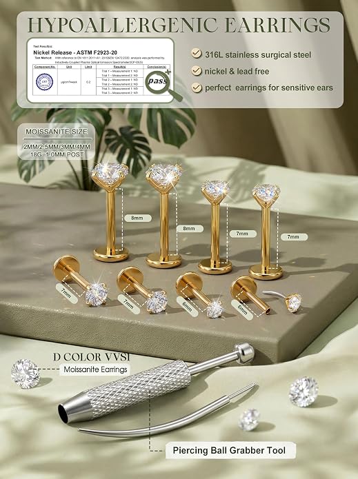 LOLIAS 4 Pairs Moissanite Flat Back Earrings Hypoallergenic-Threadless Push in Nose Rings Studs for Women Men 14K Gold Plated Surgical Steel Cartilage Helix Tragus Labret Piercing Jewelry Kit Taper Ball Grabber Tool 20G 18G 16G