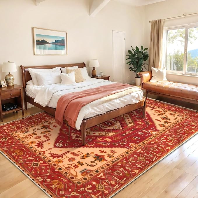 SERISSA 6x9 Area Rugs for Living Room, Large Washable Non-Slip Boho Rug, Ultra Soft Vintage Red Oriental Tribal Print Distressed Carpet for Dining Room Bedroom Dorm Office Home Decor