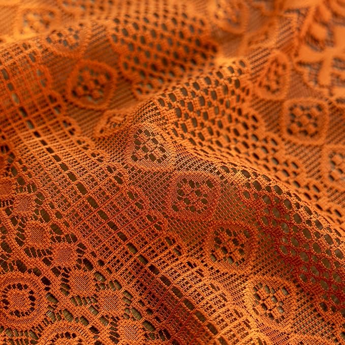 Sutuo Home Terracotta Boho Lace Vintage Curtains 45 Inches 2 Panels for Kitchen Cafe, Orange Small Window Curtains Semi Sheer Crochet Country Tassels Bohemian Drape Privacy Cottage Rod Pocket, 50" W