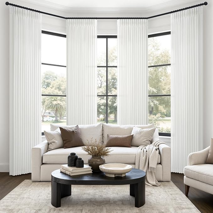 Pinch Pleated Pure White Thick Linen Curtains 96 Inches Long for Living Room 4 Panels Set, Memory Shape Sheer Light Filtering Country Drapes 96 Inch Sliding Door Window Curtain with Hooks & Rings