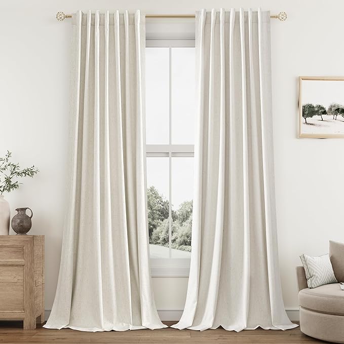 Guken 100% Blackout Linen Curtains for Bedroom 95 Inches Long Natural Cream Black Out Curtain Back Tab Thermal Insulated Room Darkening Window Drapes for Living Room 2 Panels Beige Ivory 52x95