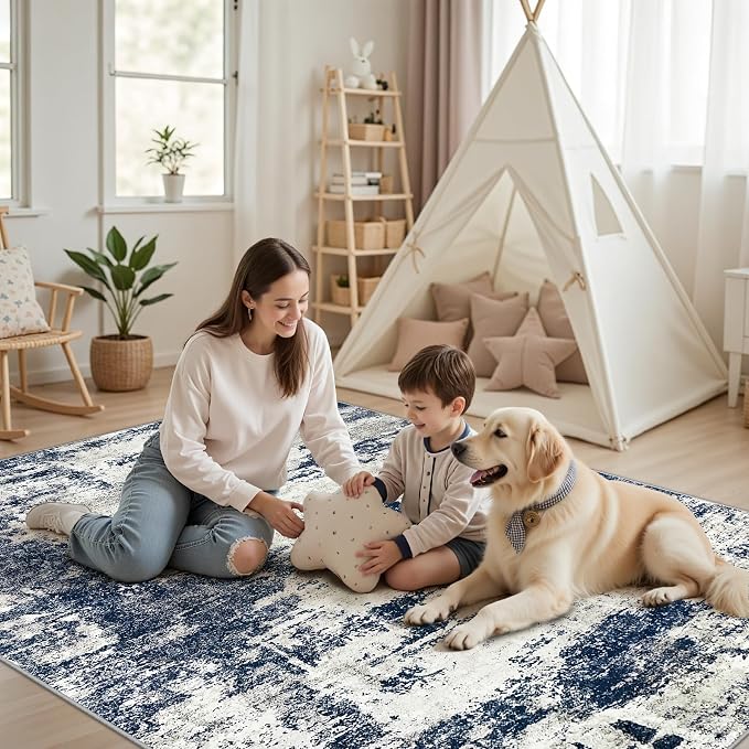 9x12 Area Rugs Living Room Rugs: Large Washable Rug with Anti-Slip Backing Non-Shedding Stain-Resistant Soft Abstract Carpet for Bedroom Dining Room Nursery Home Office - Gray/Blue