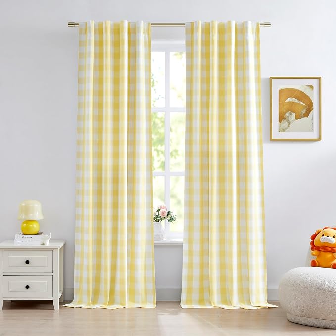 Yellow White Buffalo Plaid Blackout Curtains 90 Inches Length | Farmhouse Thermal Insulated Double-Layer Drapes,Rustic Window Treatment Bedroom Living Room,Rod Pocket Back Tabs,40"Wx90"Lx2