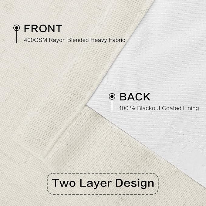 IVAPUPU Natural Pinch Pleated Full Blackout Curtains Linen Blend Room Darkening Window Curtains 102 inch 1 Panel for Living Room Bedroom Thermal Insulated Curtain Drapes with 12 Hooks 60''Wx102''L