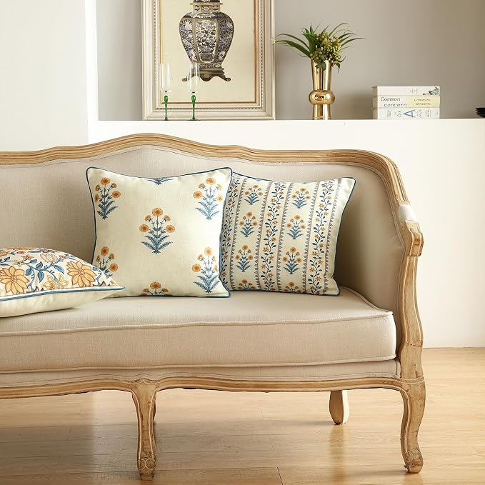 ISAENNE Designer Elegant Linen Throw Pillow Cover,Set of 4-Estevan Set | French Cottage Pillow Cover,Concealed Zipper,Floral Pattern,Sofas,Bedroom,Living Room,Lounge Chairs,All Season Home Decor