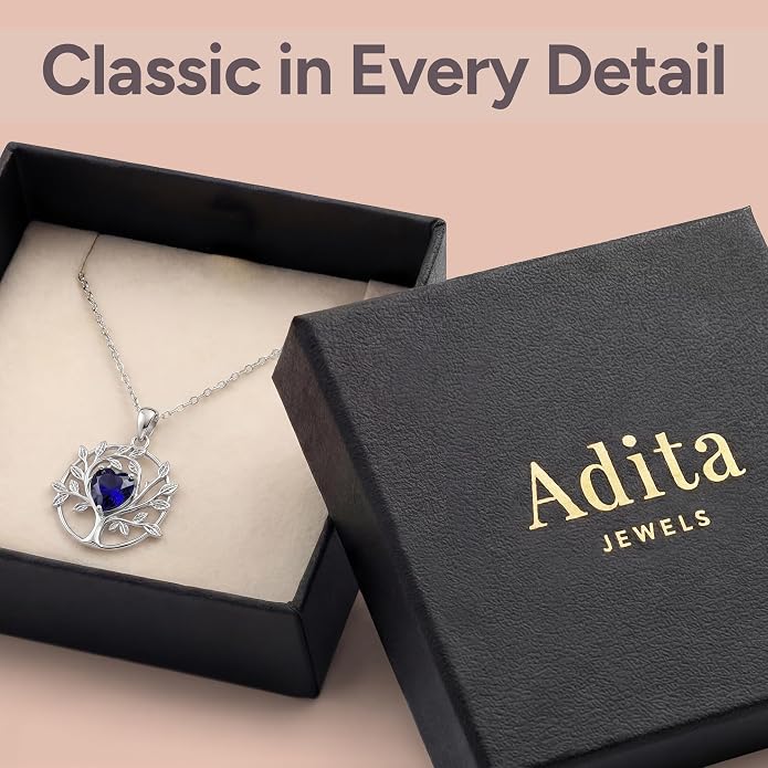 ADITA GOLD Tree of Life Necklace for Women, 925 Sterling Silver Birthstone Pendant, Simulated Gemstone, Jewelry