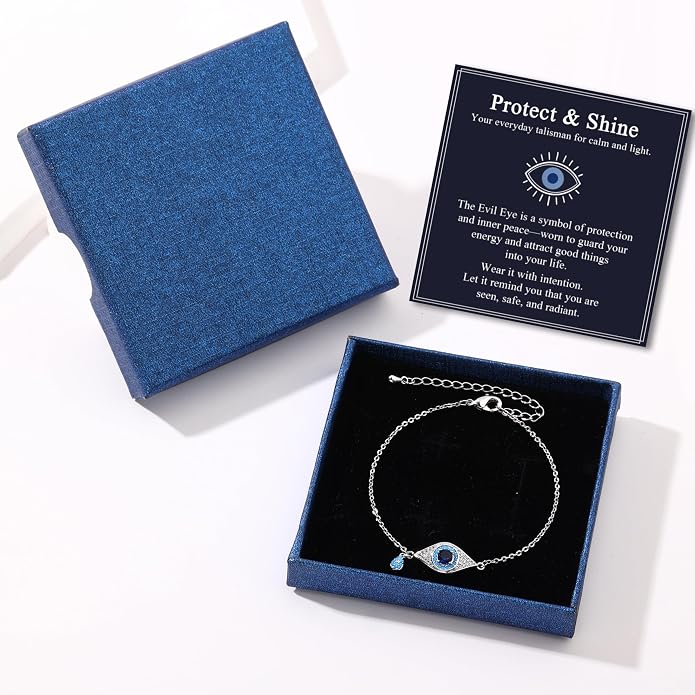 Evil Eye Bracelets for Women Gold Plated Dainty Chain Zirconia Turquoise Charm Adjustable Protective Lucky Link Bracelet Jewelry for Best Friends Sister Travel Birthday Just Because Gift