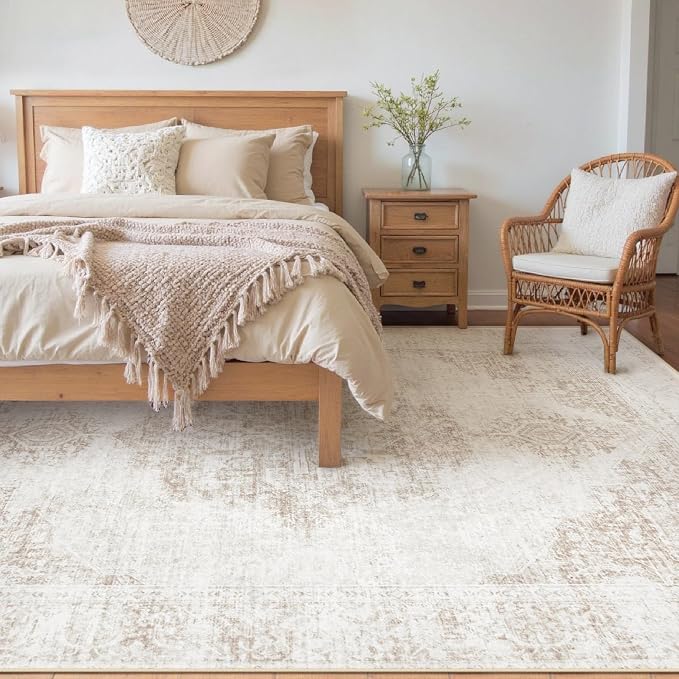 6X9 Area Rugs for Living Room, Washable Rugs Beige Vintage Medallion Non-Slip Soft Low Pile Rug Large Indoor Retro Carpet for Bedroom Dining Room Home Office Nursery Room(Beige,6'x9')