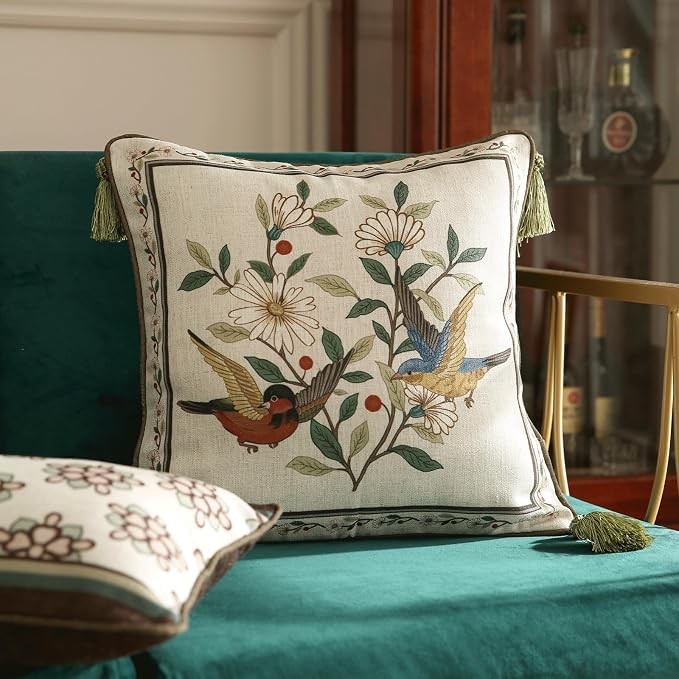 ISAENNE Designer Linen Square Throw Pillow Cover,Set of 2,18"x18"-Brune B | Vintage French Elegant Pillow Cover,Concealed Zipper Design,Floral Pattern,Sofa,Bedroom,Living Room,Lounge Chairs