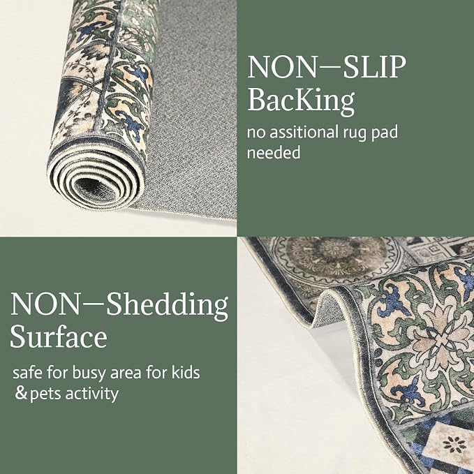 Washable Entryway Rug 3'x5 Non-Slip Backing Vintage Indoor Rug Low Pile Lighrweight Carpet for High-Traffic Indoor Entrance & Kitchen Farmhouse Decor