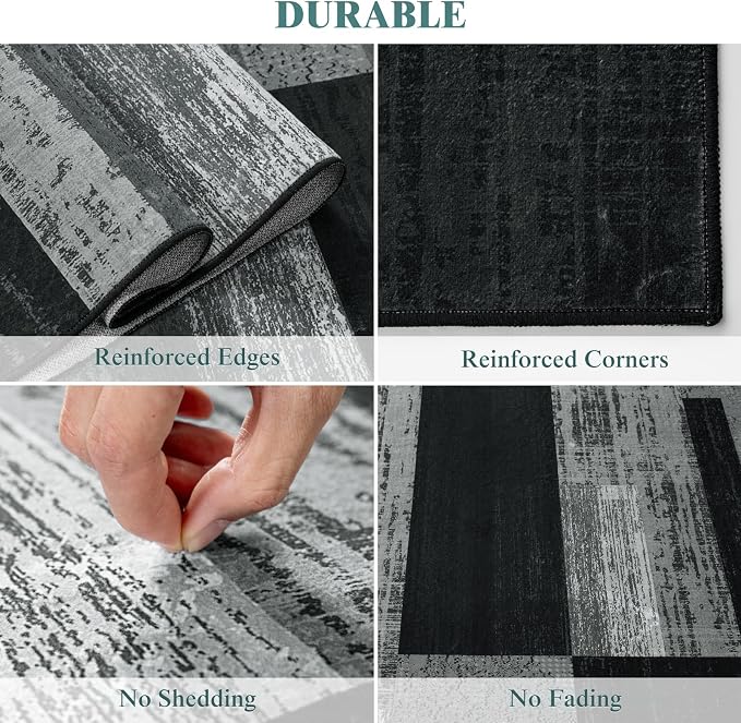 LIANLAM 8x10 Washable Area Rugs for Living Room & Bedroom(8x10,Black&Gray) | Non-Slip Large Carpet,Vintage Checkered Pattern, Stain Resistant Faux Wool Low Pile Soft Rug for Dining Room,Office,Nursery