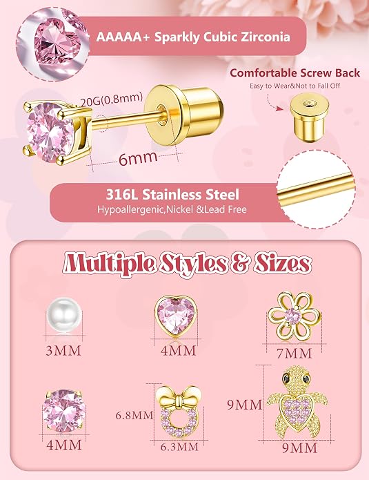 CASSIECA Hypoallergenic Earrings for Girls Kids Women Screw Back Surgical Stainless Steel CZ Heart Stud for Sensitive Ears Cute Jewelry Gift 20G