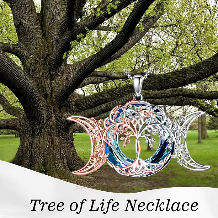 POPLYKE Tree of Life Necklace for Women Sterling Silver Celtic Knot Family Tree With Blue/Purple/Volcano Crystal Irish Gifts for Mom Wife Birthday Christmas