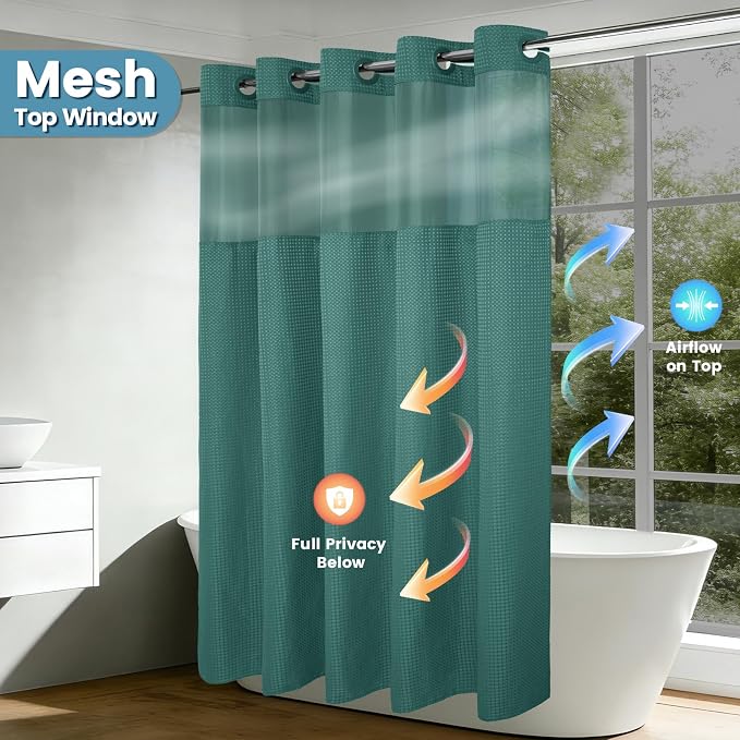 EUTXL Heavyweight Seaweed Green No Hook Shower Curtain with Snap in Liner,256GSM Waffle Weave Shower Curtains for Bathroom,71W x 74H
