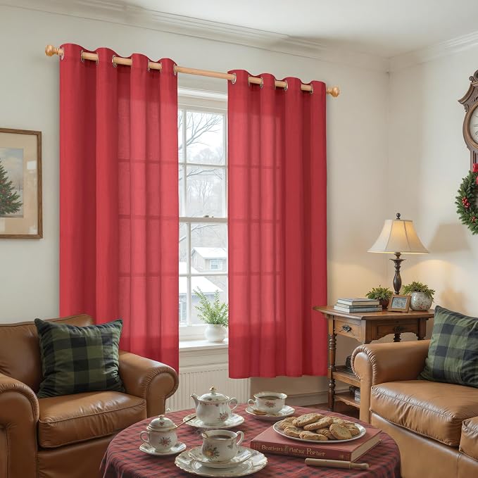 YoungsTex Red Linen Curtains 63 Inch Length for Living Room, Light Filtering Window Drapes with Grommet Semi Sheer Privacy for Dining Bedroom, 2 Panels, 52 X 63 Inch