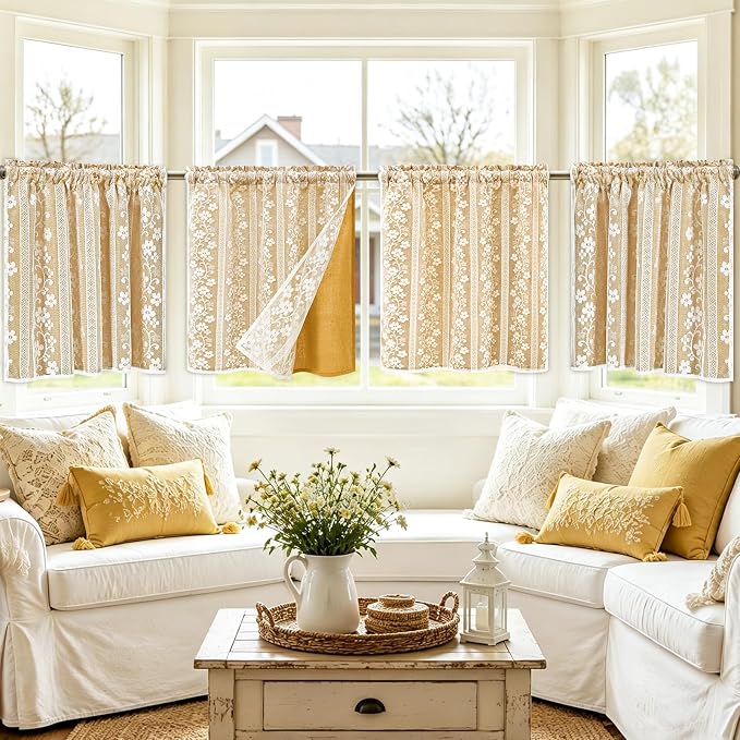 ASPMIZ Linen Kitchen Curtains Double Layer Kitchen Window Curtains Over Sink 24 Inch Mustard Yellow Tier Curtain Light Filtering Rod Pocket Cafe Curtain Short Window Treatments with 2 Tiebacks, 26x24