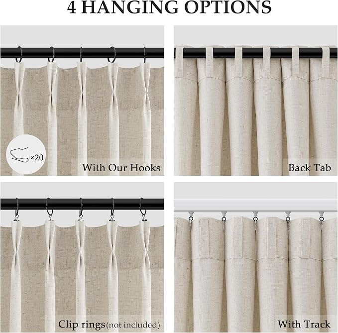 Vanilla Pinch Pleated Linen Curtains 84 Inches Long for Living Room Bedroom Pinch Pleat Drapes Rings Hooks Back Tab Light Filtering Boho Farmhouse Semi Sheer 84 Inch Curtain for Dining Room 40x84