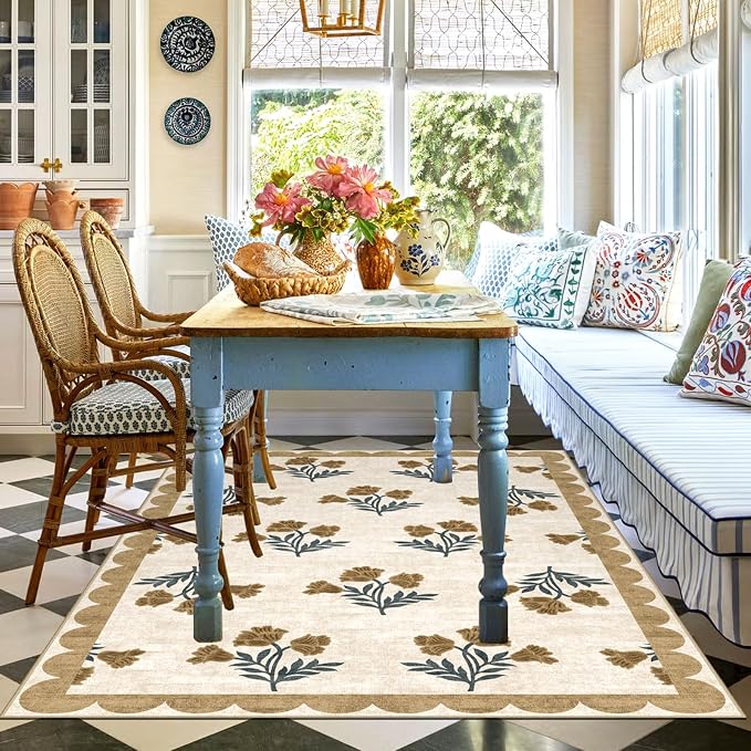 4x6 Area Rug for Bedroom - Soft Washable Boho Beige Living Room Rug Non Slip Entryway Rug Boho Floral Farmhouse Scalloped Rugs for Living Room Dining Room Kitchen Nursery Foyer Decor