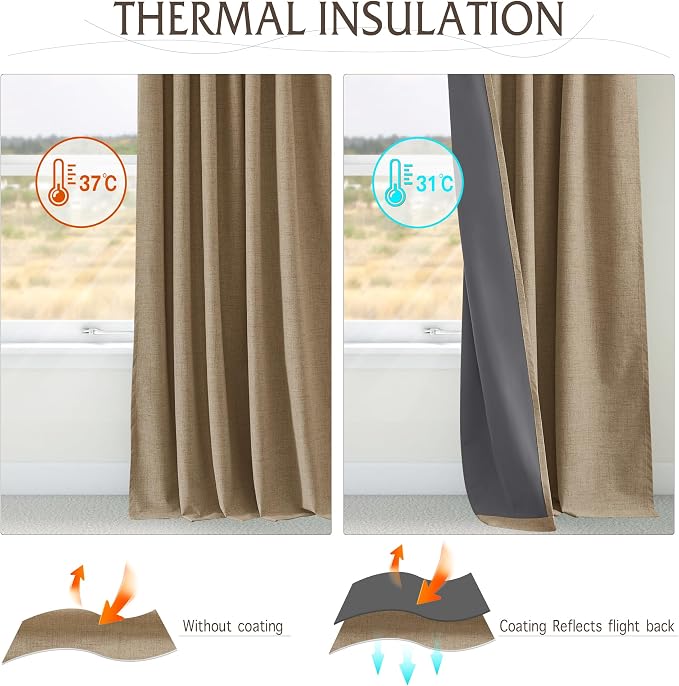 RYB HOME Pinch Pleated Back Tab Curtains Linen Textured 100% Blackout Curtains Thermal Insulated for Bedroom Living Room Bay Window Drapes, W 42 x L 84 inches, Burlap, 2 Panels