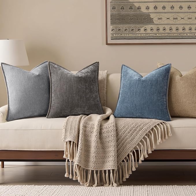 decorUhome Soft Chenille Throw Pillow Covers 16x16 Set of 2 Haze Blue | Fall Textured Decorative Throw Pillow Cases Stitched Edge Modern Farmhouse Luxury Boho Velvet for Couch Sofa Bed Home Decor