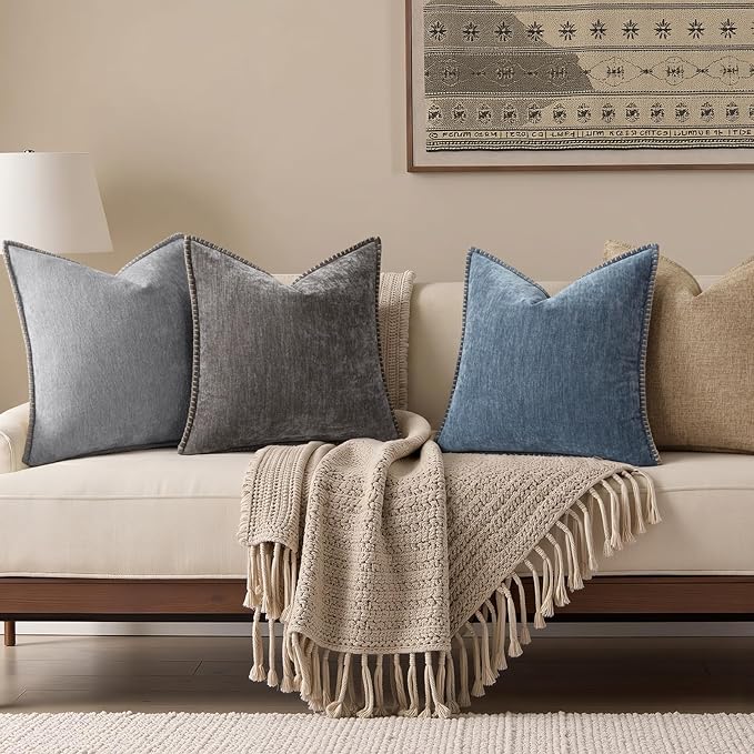 decorUhome Soft Chenille Throw Pillow Covers 18x18 Set of 2 Haze Blue | Fall Textured Decorative Throw Pillow Cases Stitched Edge Modern Farmhouse Luxury Boho Velvet for Couch Sofa Bed Home Decor