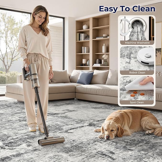 DMOYEST 8x10 Area Rug for Living Room, Washable & Non Slip Large Indoor Carpet, Kid & Pet Friendly Soft Thin Low Pile Abstract Rug for Bedroom and Office - Grey