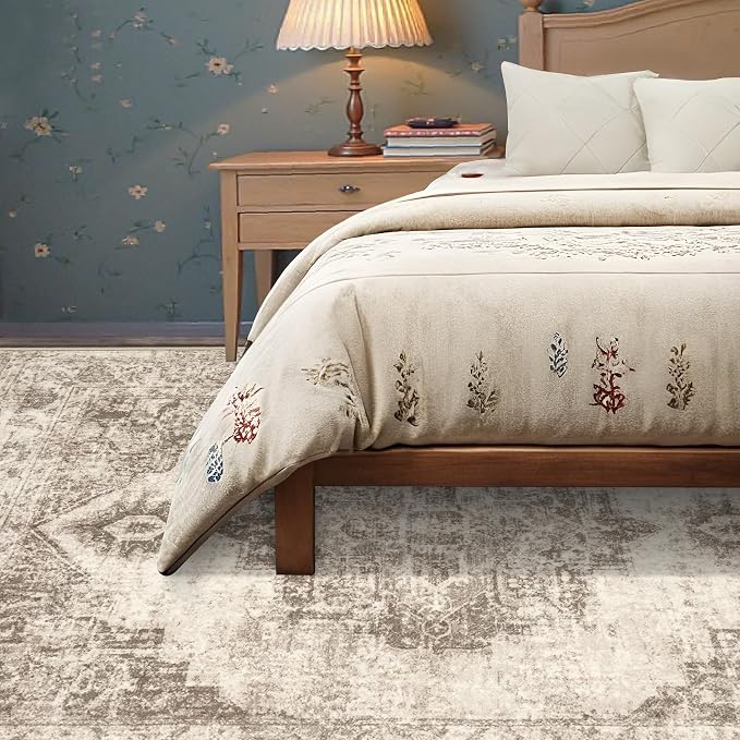 Area Rug 6x9 Vintage Rugs: Washable Indoor Medallion Rug Low Pile Distressed Floor Carpet Retro Accent Rugs for Living Room Bedroom Kitchen Dining Table Home Office(Taupe, 6'x9')