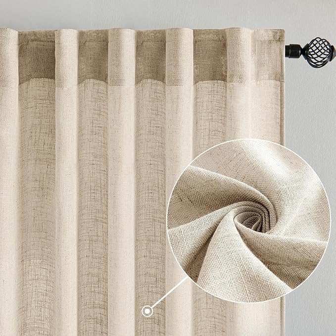 MIULEE Light Taupe Linen Curtains 90 Inch Long 2 Panels for Bedroom Living Room, Soft Linen Textured Window Drapes Semi Sheer Light Filtering Back Tab Rod Pocket Farmhouse Modern Burlap Look Decor