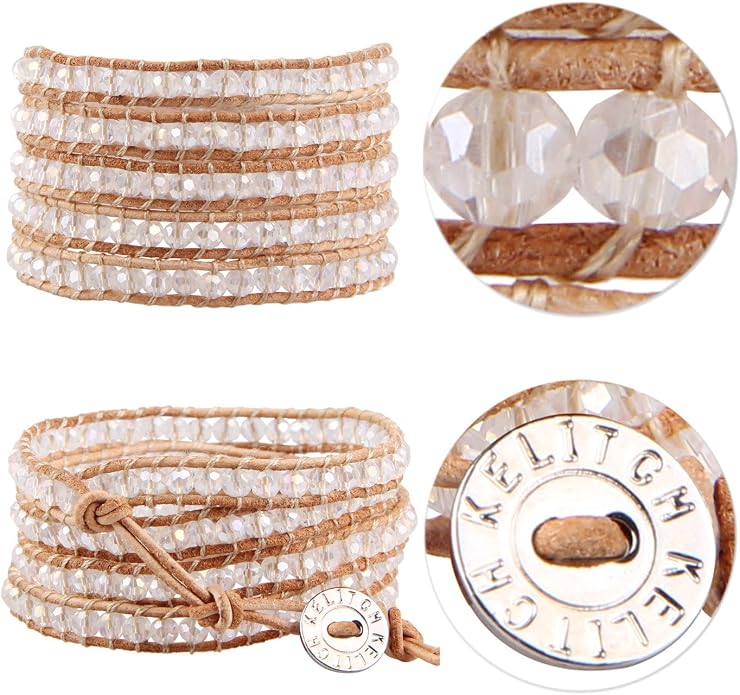 KELITCH Women Friendship Bracelets Crystal Beads 5 Wrap Bracelet Leather Handmade Boho Jewelry