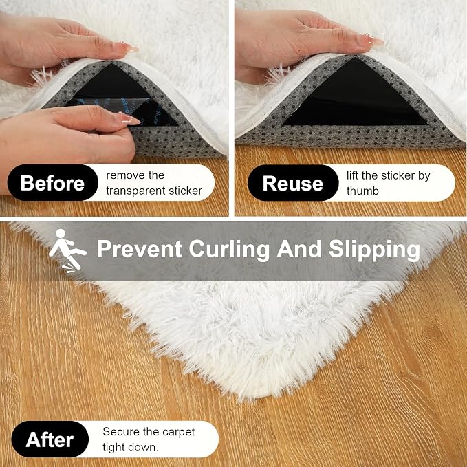 Cream White Rugs for Bedroom, 2x3 Fluffy Area Rugs for Living Room, Small Fuzzy Shag Soft Carpet with 4 Non-Slip Adhesive Strips for Kids Boys and Girls Nursery Dorm Home Decor (2ft X 3ft)