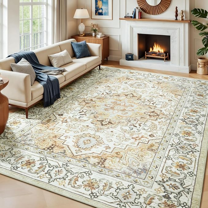 Lessymo 8 x 10 Area Rugs for Living Room, Machine Washable Area Rugs Boho Faux Wool Low Pile Area Rug for Bedroom, Floral Medallion Vintage Rugs with Non-Slip Rubber, Kid & Pet Friendly,Beige