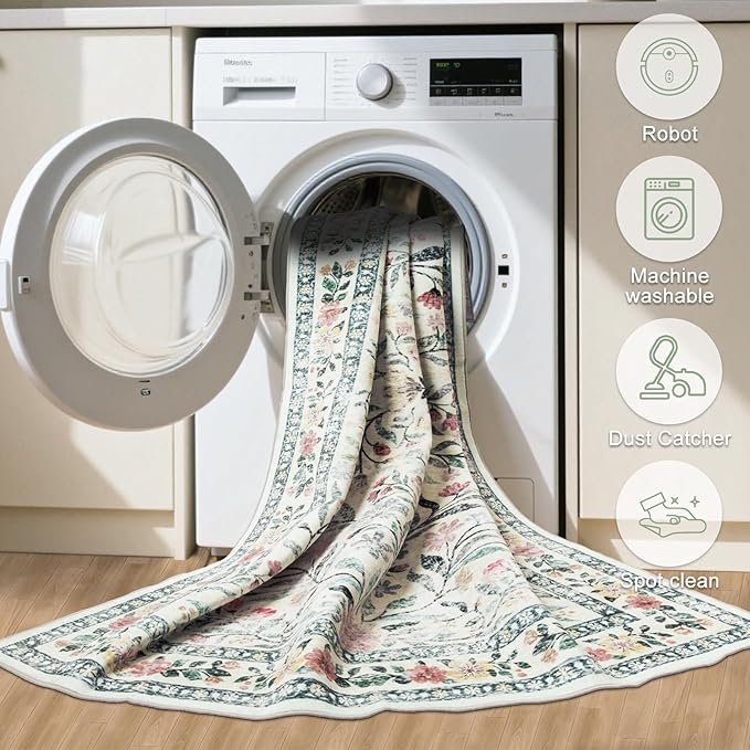 Round Area Rug for Living Room: 8 ft Floral Washable Circle Rug Soft Boho Non-Slip Carpet Indoor Floor Stain Resistant Low Pile Small Circular Rug for Bedroom Entryway Kitchen Nursery Green/Beige